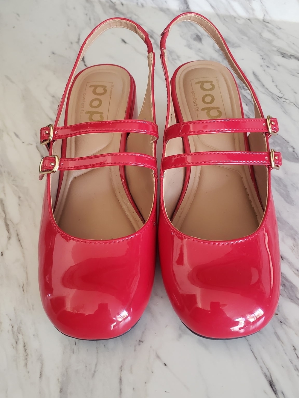 pop Red Patent Double-Strap Mary Jane Slingback Heels